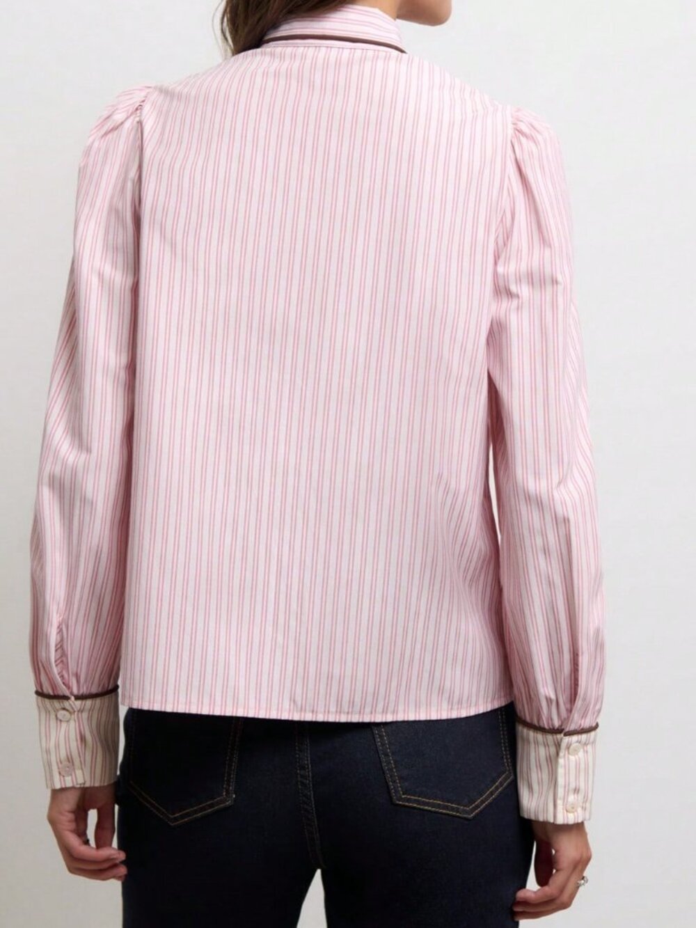 Pink Elegant Women's Regular Fit Pinstripe Tie-Neck Bishop Sleeve Shirt - Picture 2 of 7